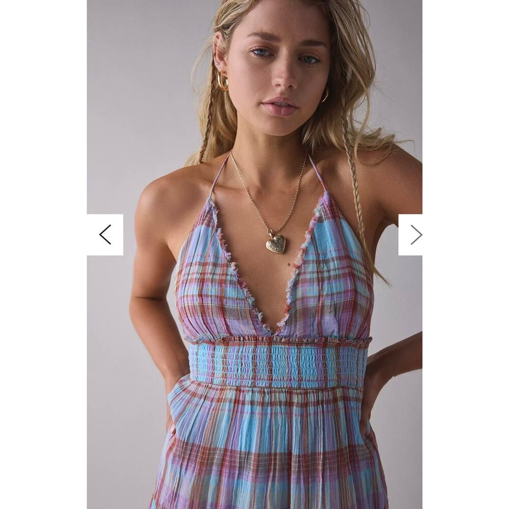 Kimchi Blue Plaid Halter Dress Gauzy Phoebe Cotton Open-Back Cotton medium NEW